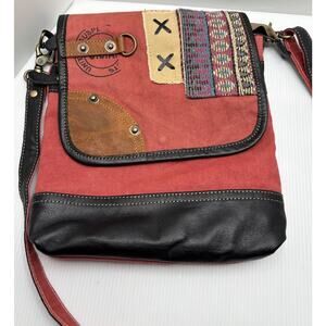 Myra Bag USA 1877 Stamped Upcycled Hobo Crossbody Bag Canvas Leather Boho 11x10”
